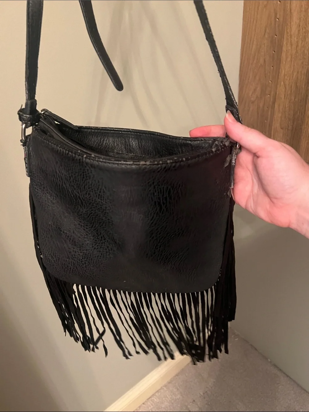 Black Fringe Crossbody Bag with Adjustable Strap